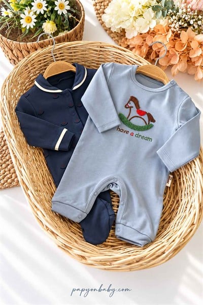 Sallanan At Nakışlı Erkek Bebek 2li Tulum Seti (%100 Pamuk)(0-3/3-6 Ay)