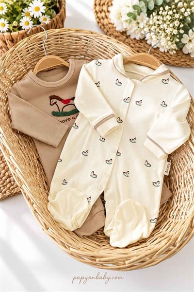 Sallanan At Nakışlı Erkek Bebek 2li Tulum Seti (%100 Pamuk)(0-3/3-6 Ay)