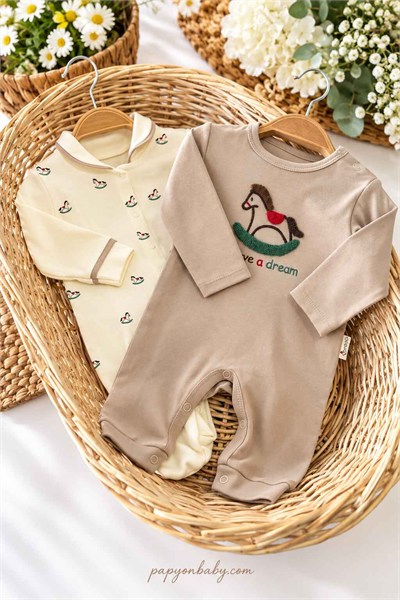 Sallanan At Nakışlı Erkek Bebek 2li Tulum Seti (%100 Pamuk)(0-3/3-6 Ay)