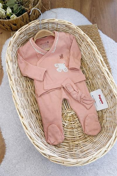 Süzene Kuş Nakışlı Cepli Yenidoğan Kız Bebek 5li Zıbın Set