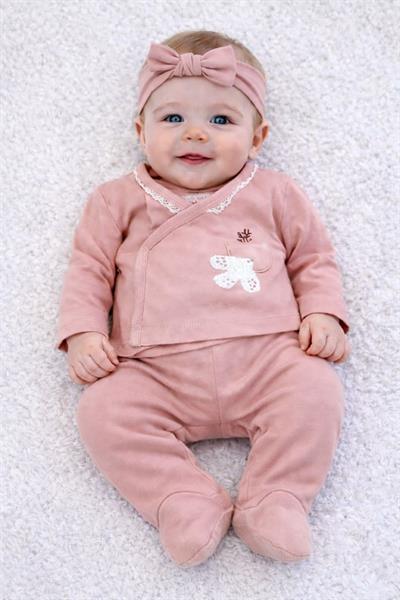 Süzene Kuş Nakışlı Cepli Yenidoğan Kız Bebek 5li Zıbın Set