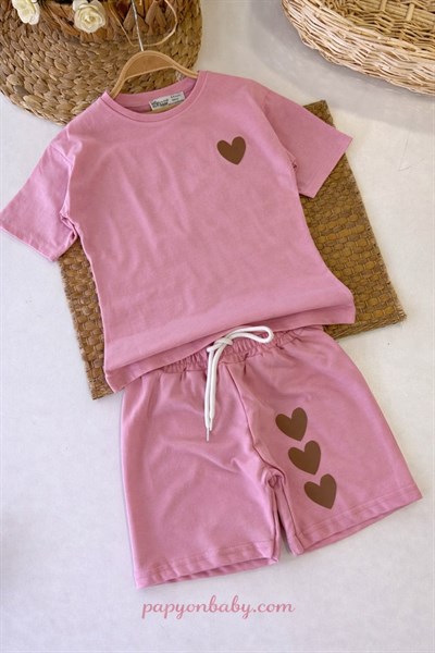 Kalp Baskılı Kız Çocuk Şortlu Takım (3-4/4-5/5-6/7-8/9-10 Yaş)
