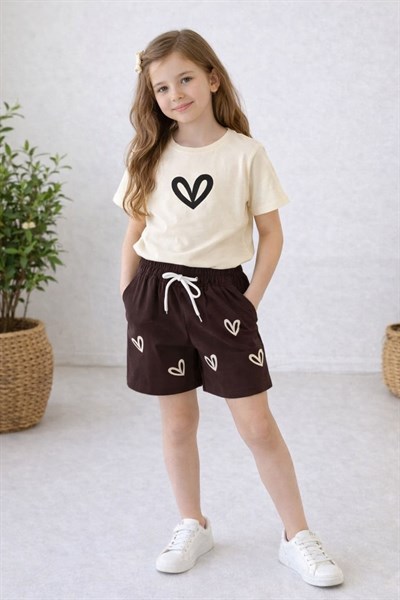 Kalp Baskılı Kız Çocuk Şortlu Takım (3-4/4-5/5-6/7-8/9-10 Yaş)