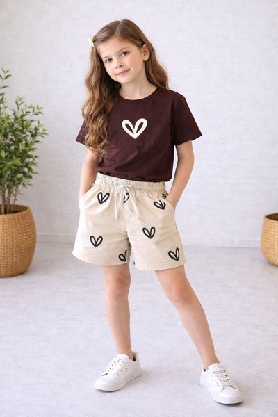 Kalp Baskılı Kız Çocuk Şortlu Takım (3-4/4-5/5-6/7-8/9-10 Yaş)