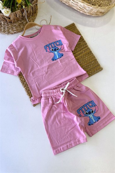 Stitch Baskılı Kız Çocuk Şortlu Takım (3-4/4-5/5-6/7-8/9-10 Yaş)