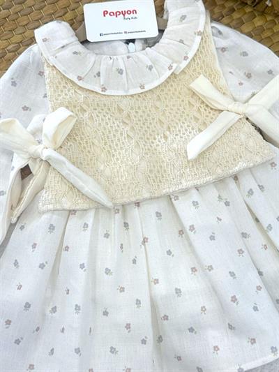 Örgü Önlüklü Çiçek Baskılı Kız Bebek Natural Pinterest Elbise (6-9/9-12/12-18/18-24 Ay)