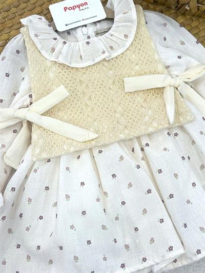 Örgü Önlüklü Çiçek Baskılı Kız Bebek Natural Pinterest Elbise (6-9/9-12/12-18/18-24 Ay)