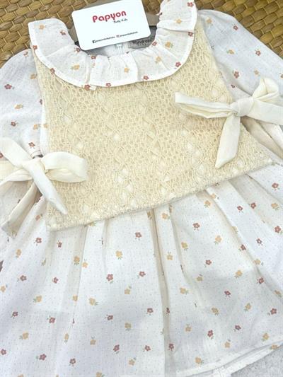 Örgü Önlüklü Çiçek Baskılı Kız Bebek Natural Pinterest Elbise (6-9/9-12/12-18/18-24 Ay)