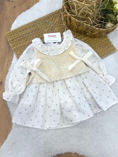 Örgü Önlüklü Çiçek Baskılı Kız Bebek Natural Pinterest Elbise (6-9/9-12/12-18/18-24 Ay)