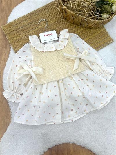 Örgü Önlüklü Çiçek Baskılı Kız Bebek Natural Pinterest Elbise (6-9/9-12/12-18/18-24 Ay)