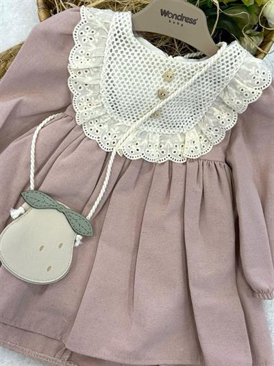 Pamuk Dantelli Çantalı Kız Bebek Keten Elbise (6-9/9-12/12-18/18-24 Ay)