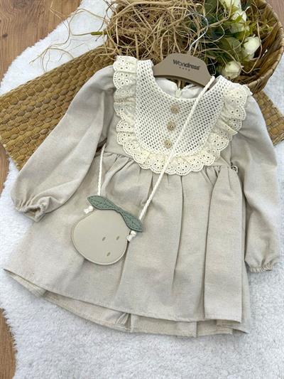 Pamuk Dantelli Çantalı Kız Bebek Natural Keten Elbise (6-9/9-12/12-18/18-24 Ay)