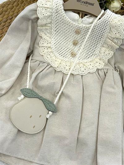 Pamuk Dantelli Çantalı Kız Bebek Natural Keten Elbise (6-9/9-12/12-18/18-24 Ay)