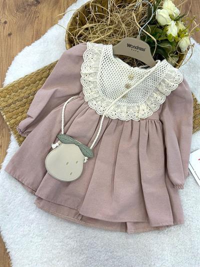 Pamuk Dantelli Çantalı Kız Bebek Keten Elbise (6-9/9-12/12-18/18-24 Ay)