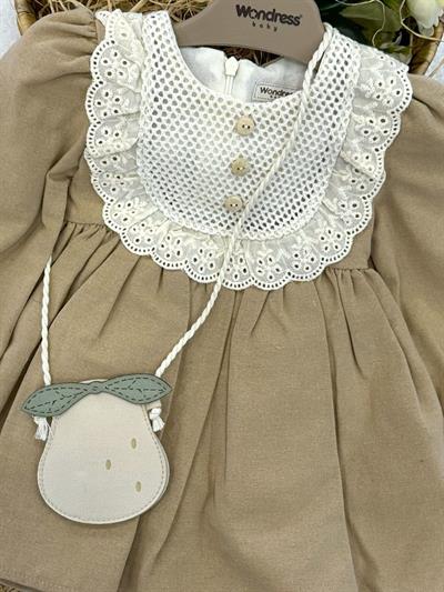 Pamuk Dantelli Çantalı Kız Bebek Natural Keten Elbise (6-9/9-12/12-18/18-24 Ay)