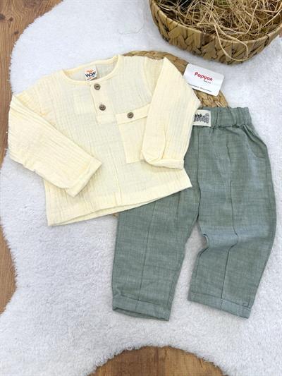 Önden Düğmeli Cepli Erkek Bebek 2li Müslin Takım (6-9/9-12/12-18/18-24 Ay)