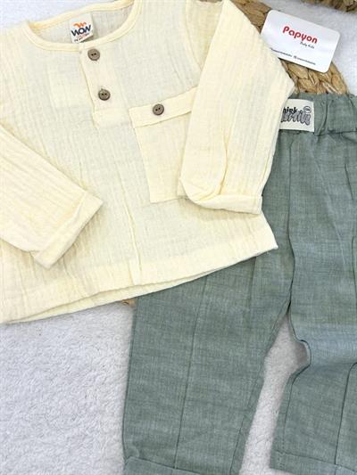 Önden Düğmeli Cepli Erkek Bebek 2li Müslin Takım (6-9/9-12/12-18/18-24 Ay)