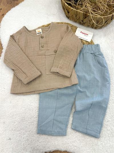Önden Düğmeli Cepli Erkek Bebek 2li Müslin Takım (6-9/9-12/12-18/18-24 Ay)
