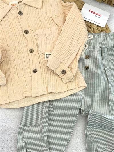 Wow Etiketli Cepli Gömlekli Erkek Bebek 2li Müslin Takım (6-9/9-12/12-18/18-24 Ay)