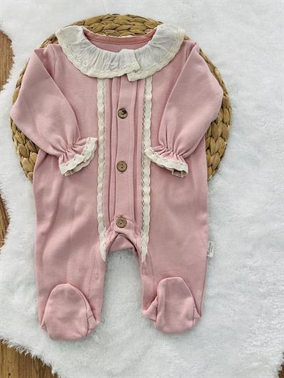 Yaka Dantelli Kız Bebek Düğmeli Tulum 0-1/1-3/3-6 Ay