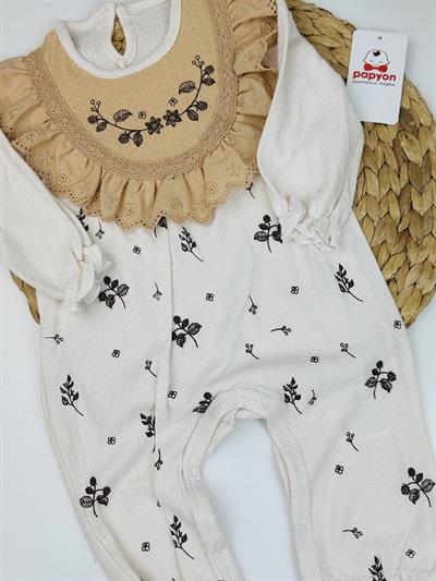 Yakutia Dantelli Çiçekli Kız Bebek Organik Tulum 3-6/6-9/9-12 Ay