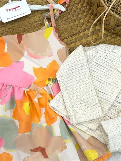 Pullu Örme Bolerolu Baskılı İp Askılı Elbise (3-6/6-9/9-12/12-18 Ay)