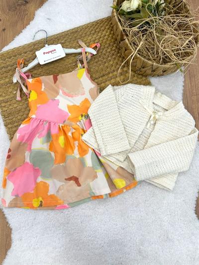 Pullu Örme Bolerolu Baskılı İp Askılı Elbise (3-6/6-9/9-12/12-18 Ay)