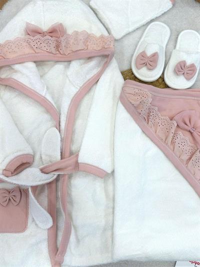 Fiyonklu Güpürlü Kız Bebek 4lü Havlu Bornoz Set 0-3 Yaş