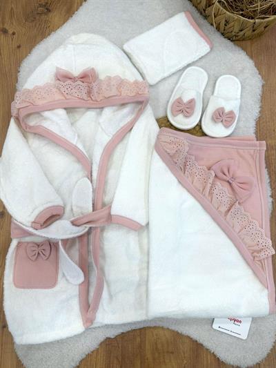 Fiyonklu Güpürlü Kız Bebek 4lü Havlu Bornoz Set 0-3 Yaş