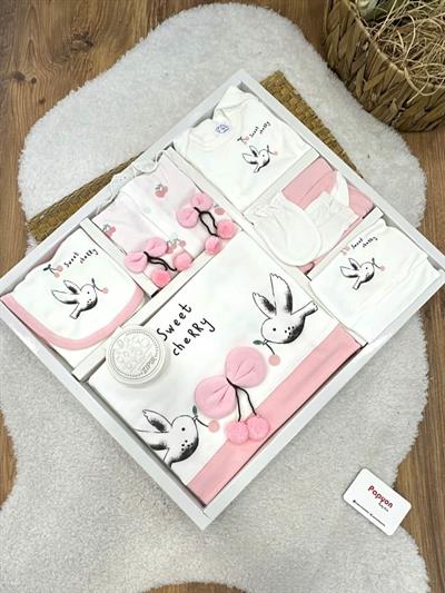 Kiraz Aksesuarlı Kuş Baskılı Yenidoğan Kız Bebek 10lu Hastane Çıkış Seti