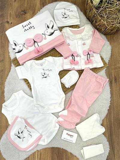 Kiraz Aksesuarlı Kuş Baskılı Yenidoğan Kız Bebek 10lu Hastane Çıkış Seti