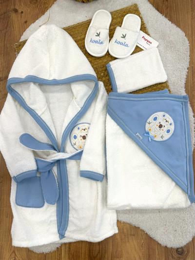 Koala Armalı Nakışlı Erkek Bebek 4lü Havlu Bornoz Set 0-3 Yaş