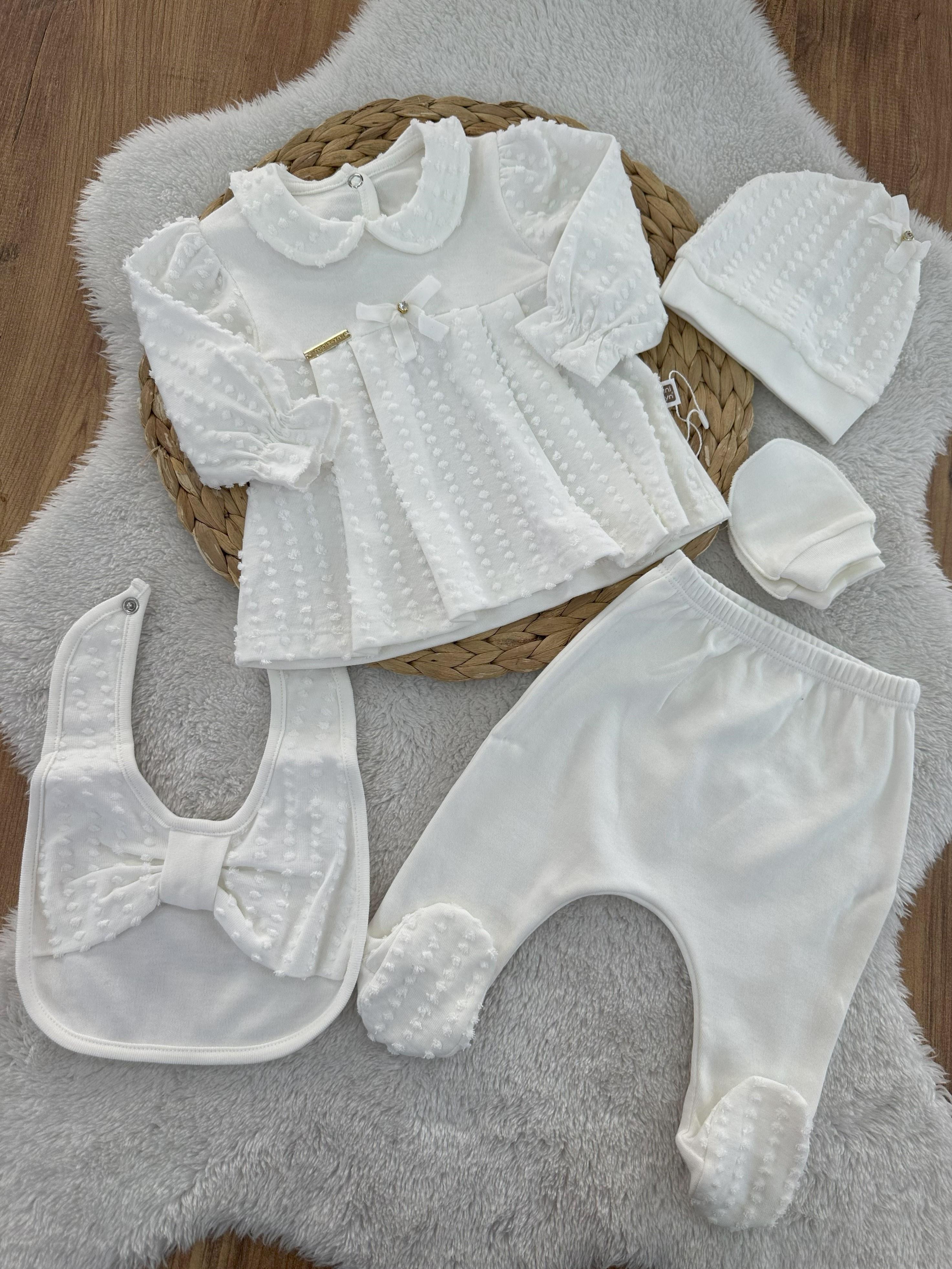 Topçikli Fiyonklu Yenidoğan Kız Bebek 5li Zıbın Set