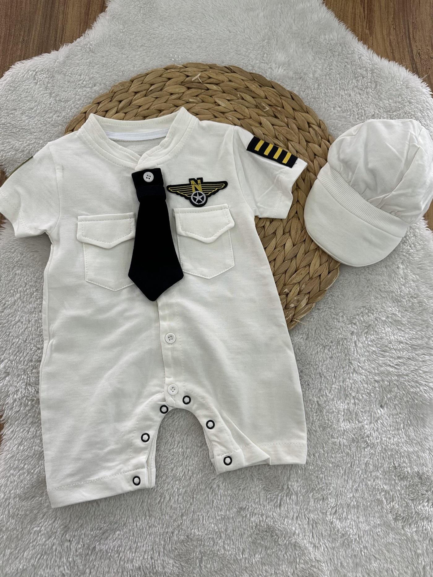 Pilot Armalı Kravatlı Şapkalı Erkek Bebek Şort Tulum 0-3/3-6/6-9/9-12 Ay