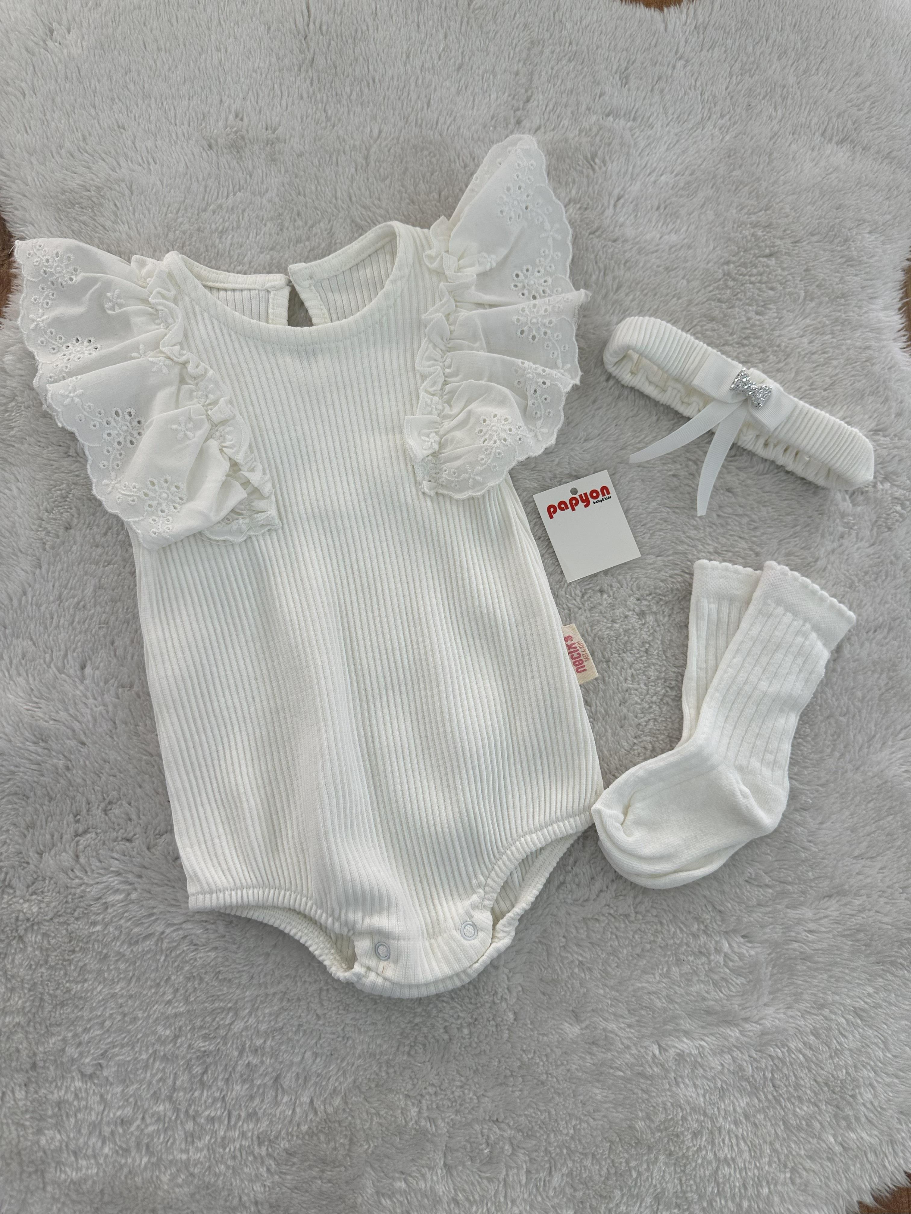 Pune Raporlu Güpürlü Kız Bebek Badi Bandana Çorap Set 0-3/3-6/6-9 Ay