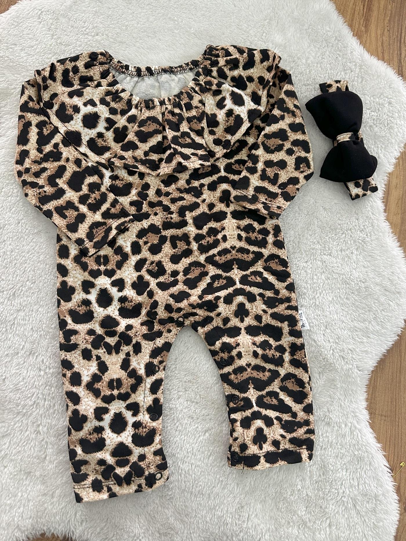 Leopar Model Kız Bebek Patiksiz Tulum Bandana Set 0-3/3-6 Ay