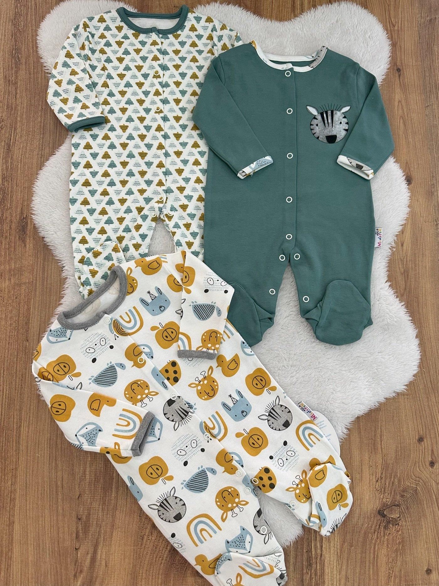 Çam Ağaç Hayvan Baskılı Erkek Bebek 3lü Patikli Tulum Set 0-3/3-6/6-9 Ay