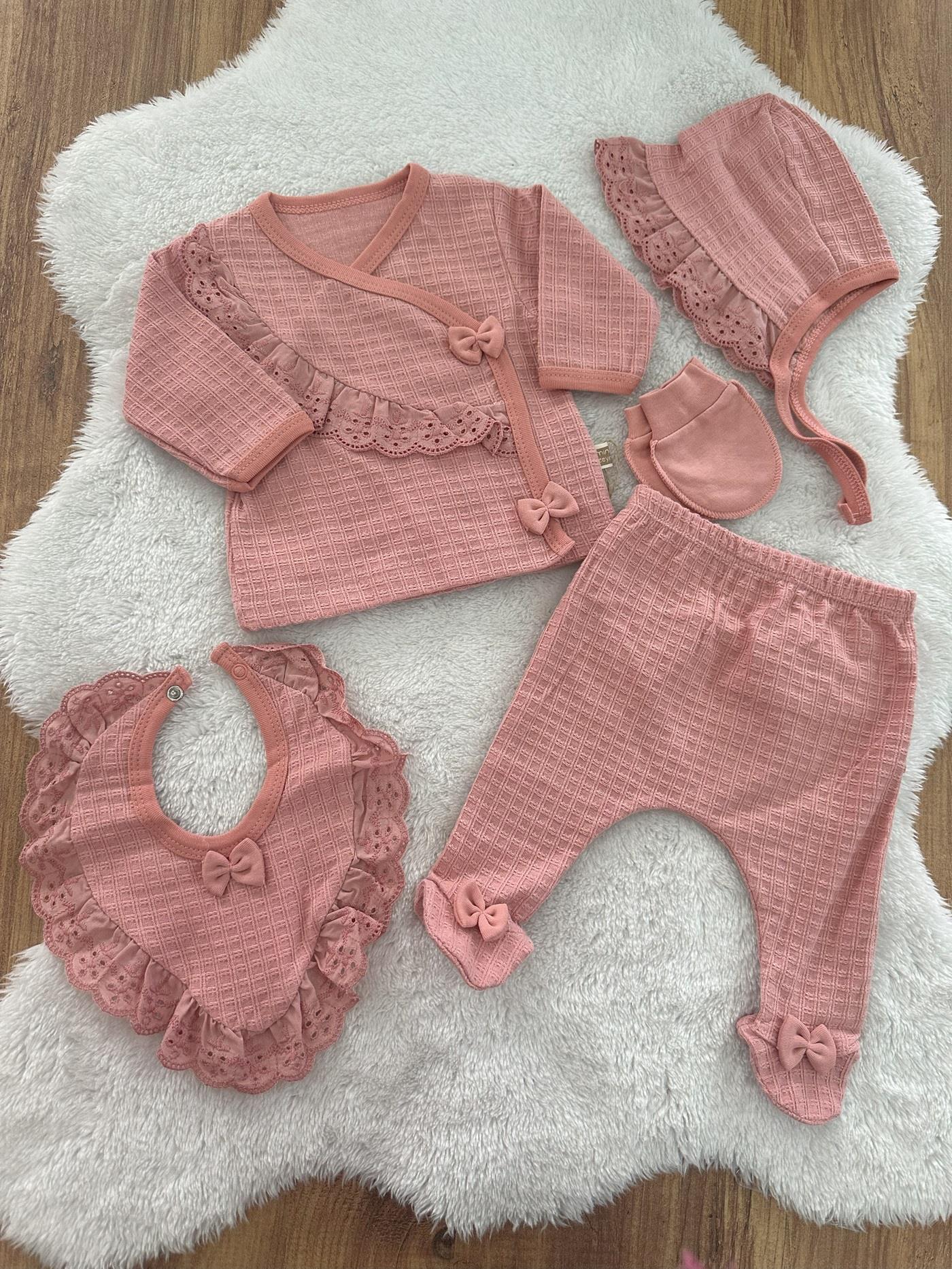 Pretty Girl Güpürlü Fiyonklu Yenidoğan Kız Bebek 5li Zıbın Set