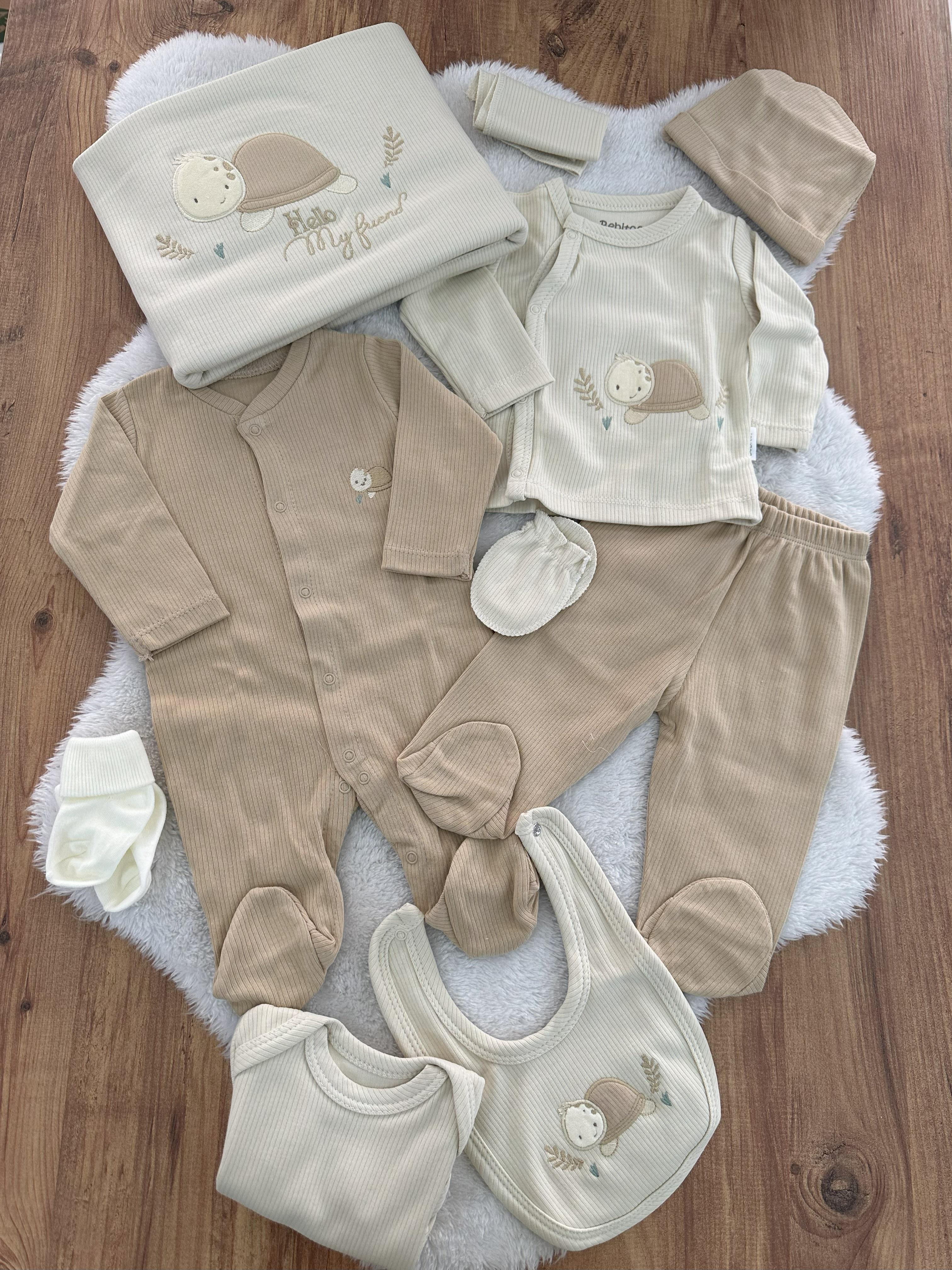 Gülen Kaplumbağa Raporlu Organik Uniseks Yenidoğan Bebek 10lu Zıbın Set Hastane Çıkışı