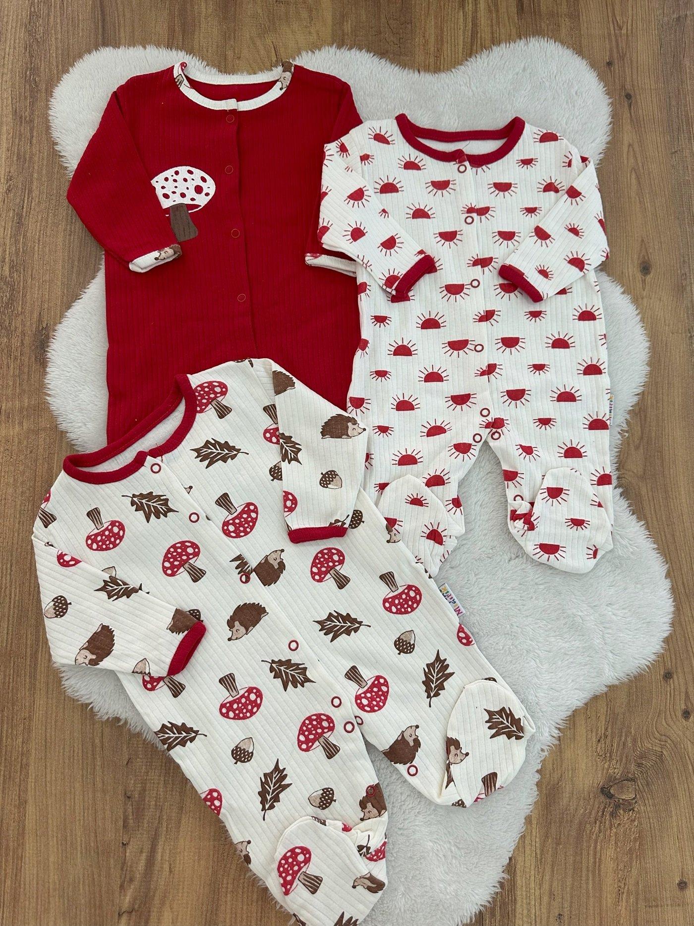 Mantar Güneş Baskılı Uniseks Bebek 3lü Patikli Tulum Set 0-3/3-6/6-9 Ay
