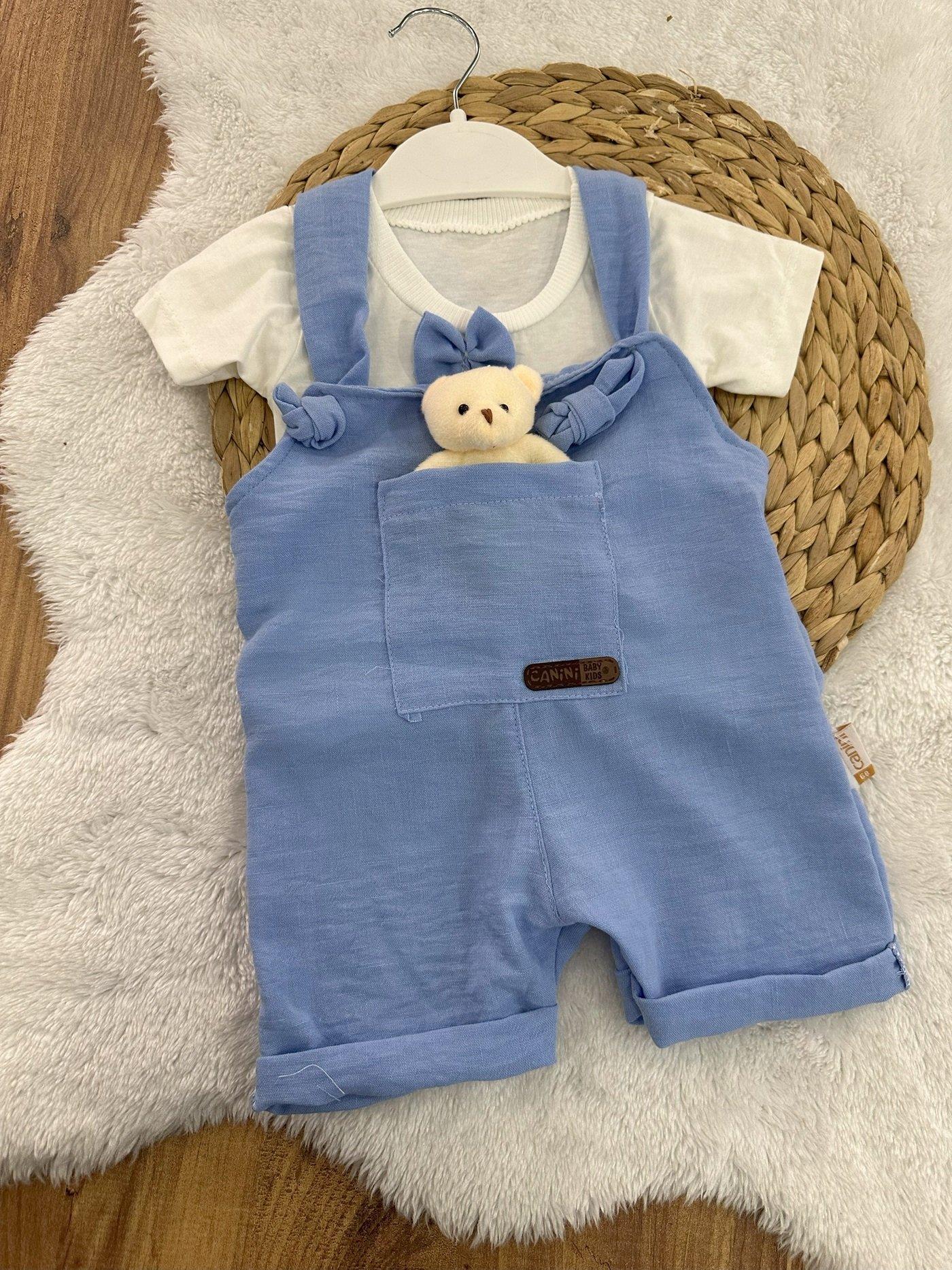 Ayıcıklı Erkek Bebek Keten Salopet Takım 3-6/6-9/9-12 Ay
