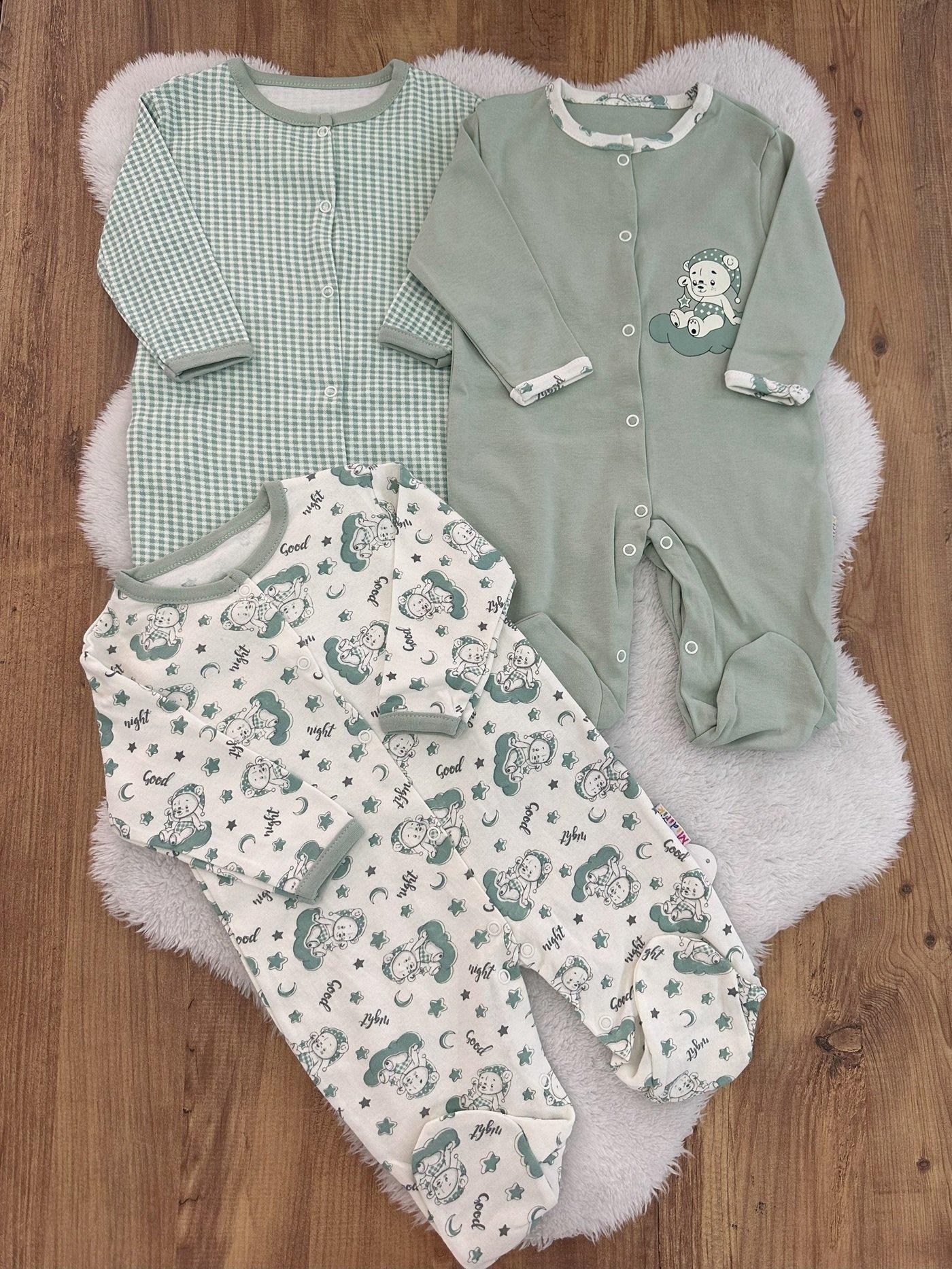 Ayıcıklı Pitikare Baskılı Erkek Bebek 3lü Patikli Tulum Set 0-3/3-6/6-9 Ay