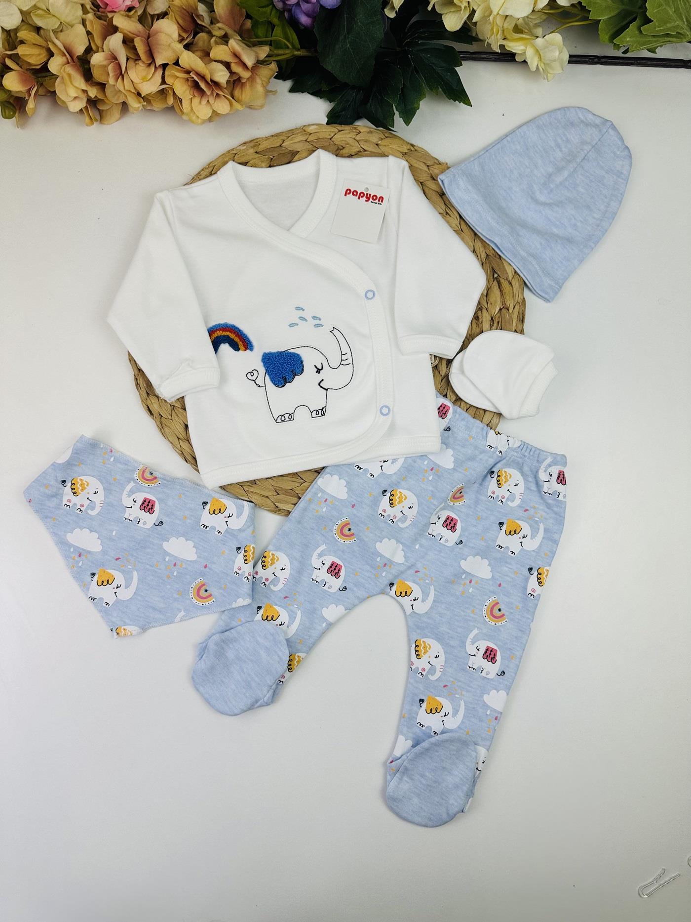 Gökkuşağı Fil Erkek Bebek 5li Zıbın Set Hastane Çıkışı