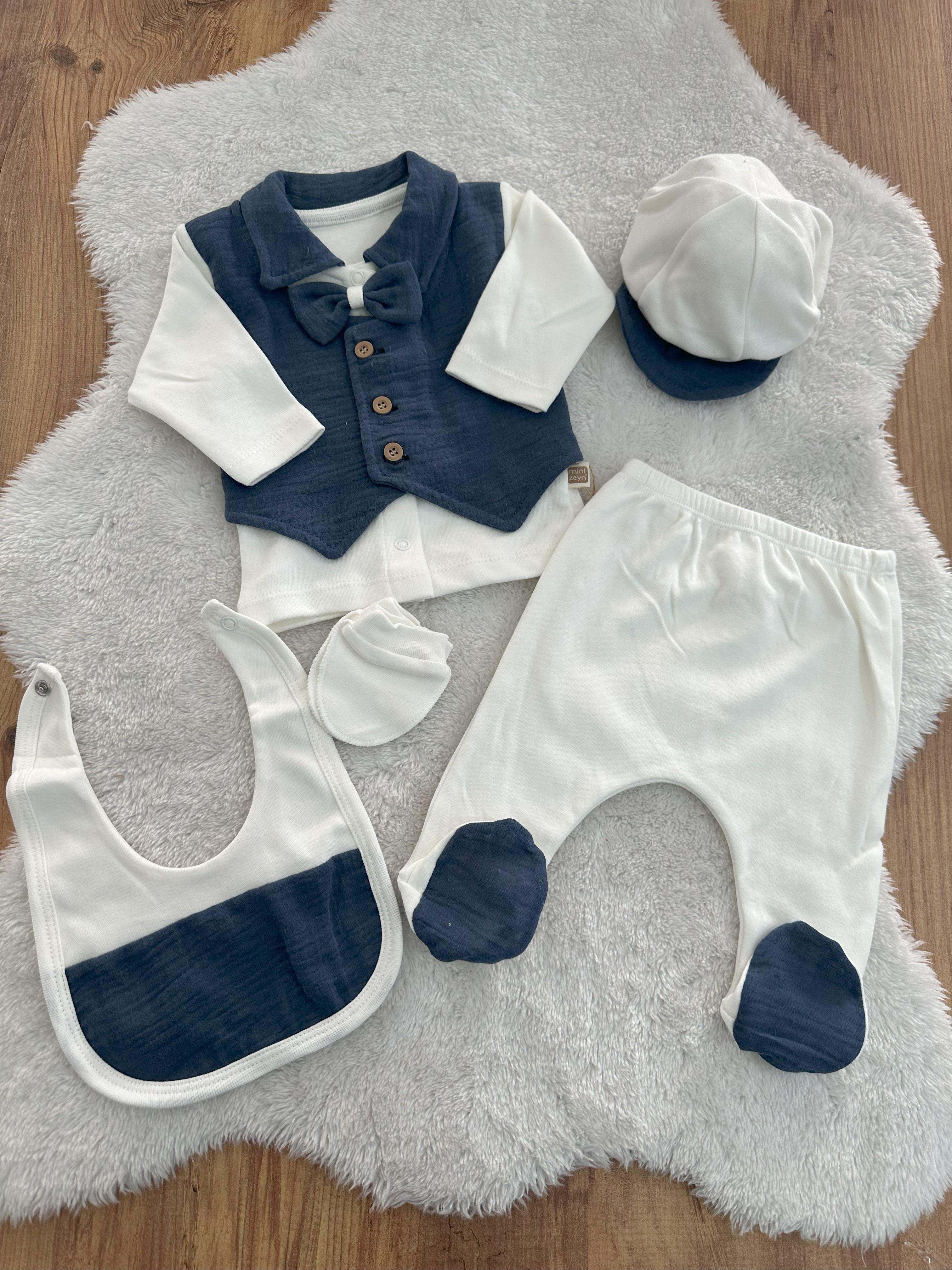 Sahte Yelekli Papyonlu Yenidoğan Erkek Bebek 5li Zıbın Set Hastane Çıkışı