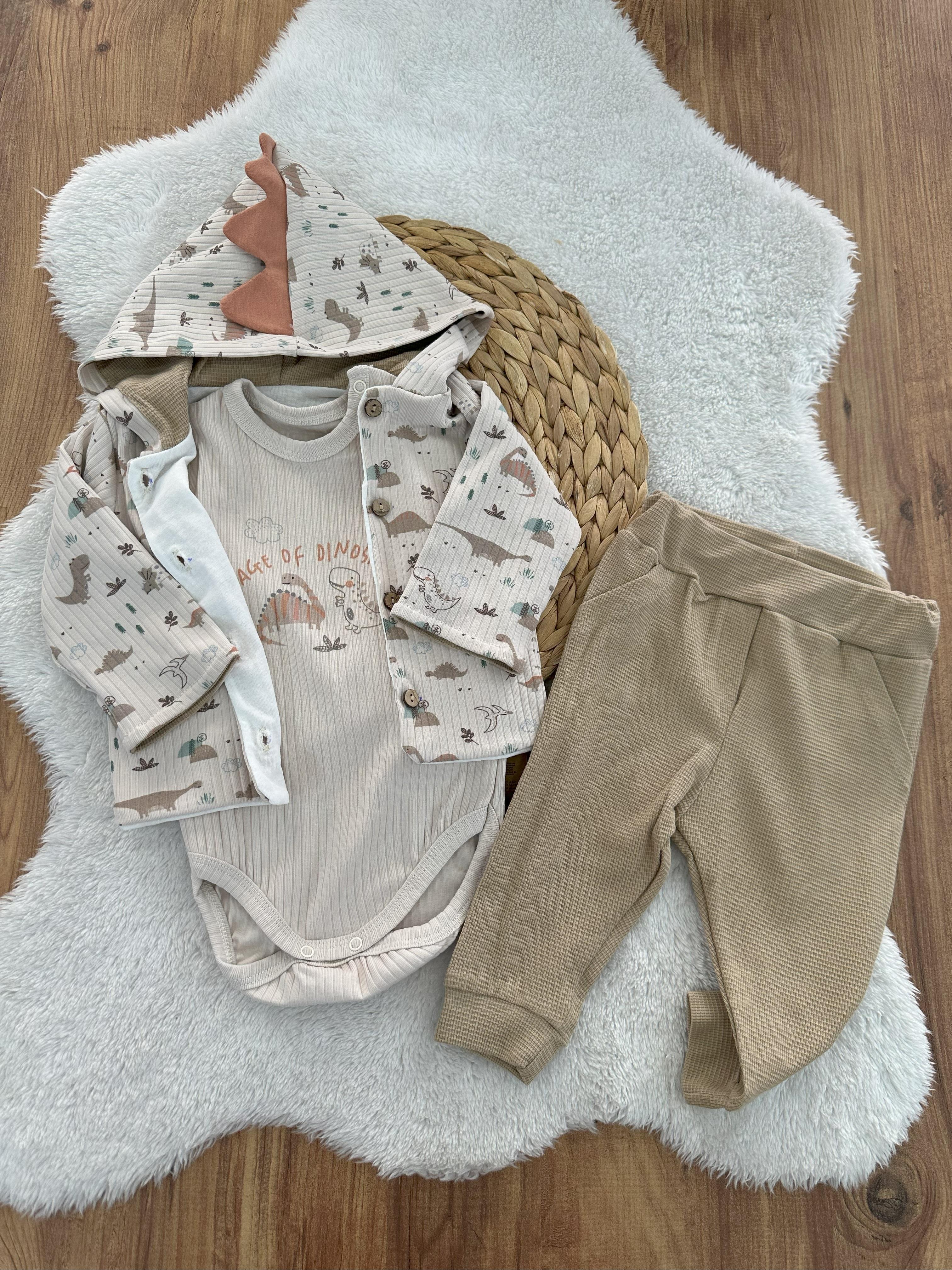 Dinozor Desen Hırkalı Erkek Bebek 3lü Takım 3-6/6-9/9-12 Ay