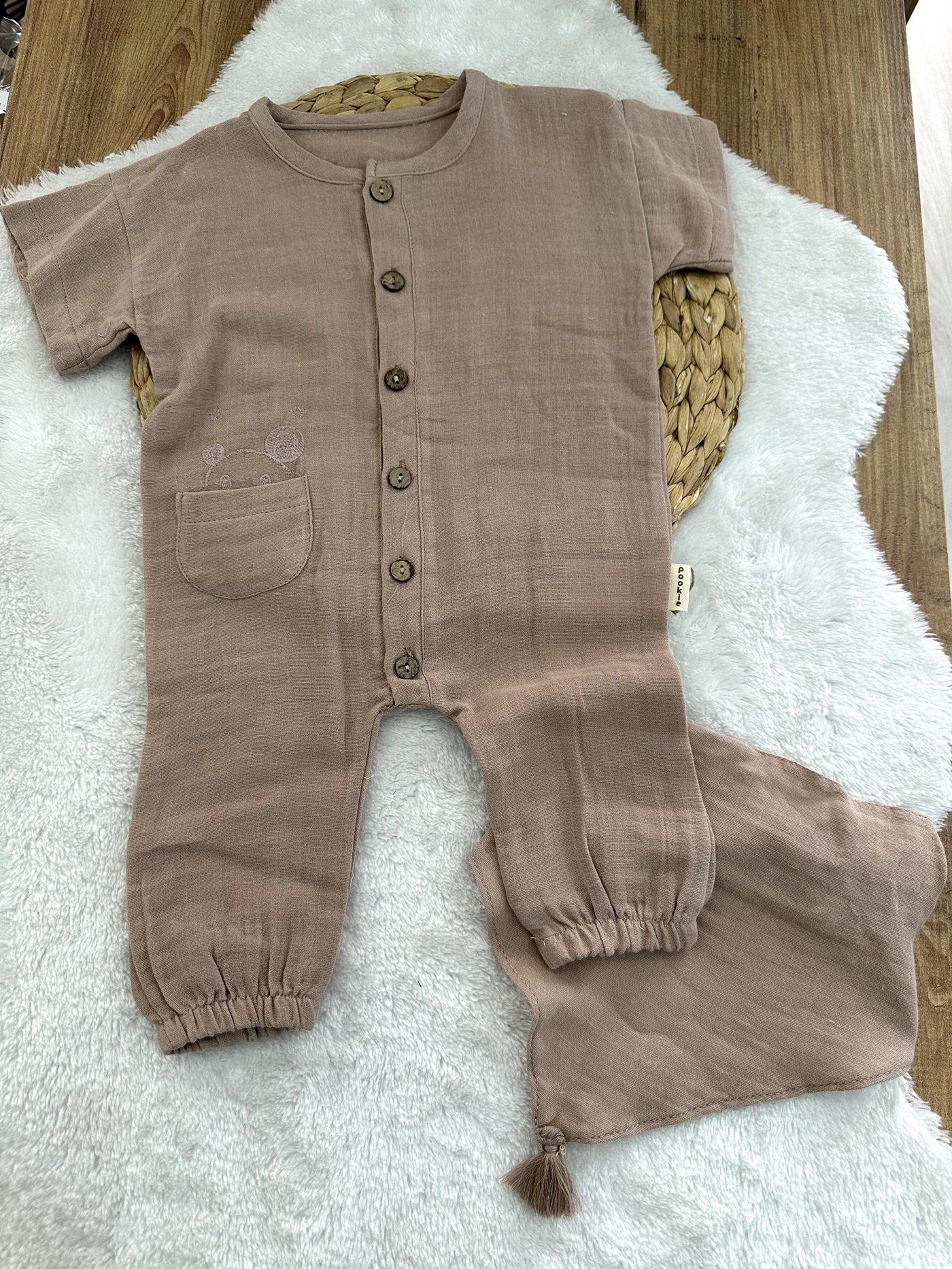 Cepli Organik Müslin Erkek Bebek Önlük Tulum Set 6-12-18 Ay