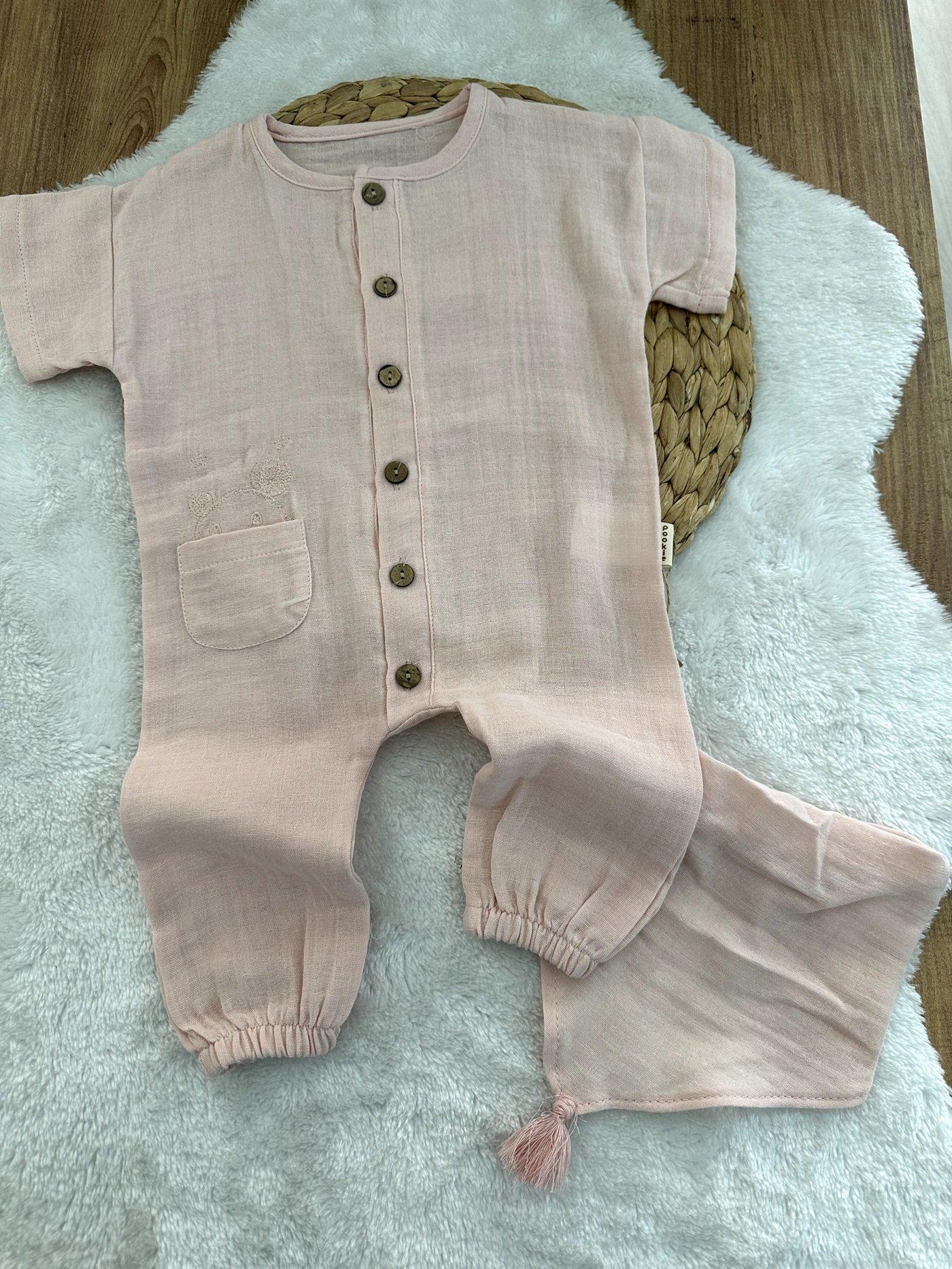 Cepli Organik Müslin Kız Bebek Önlük Tulum Set 6-12-18 Ay