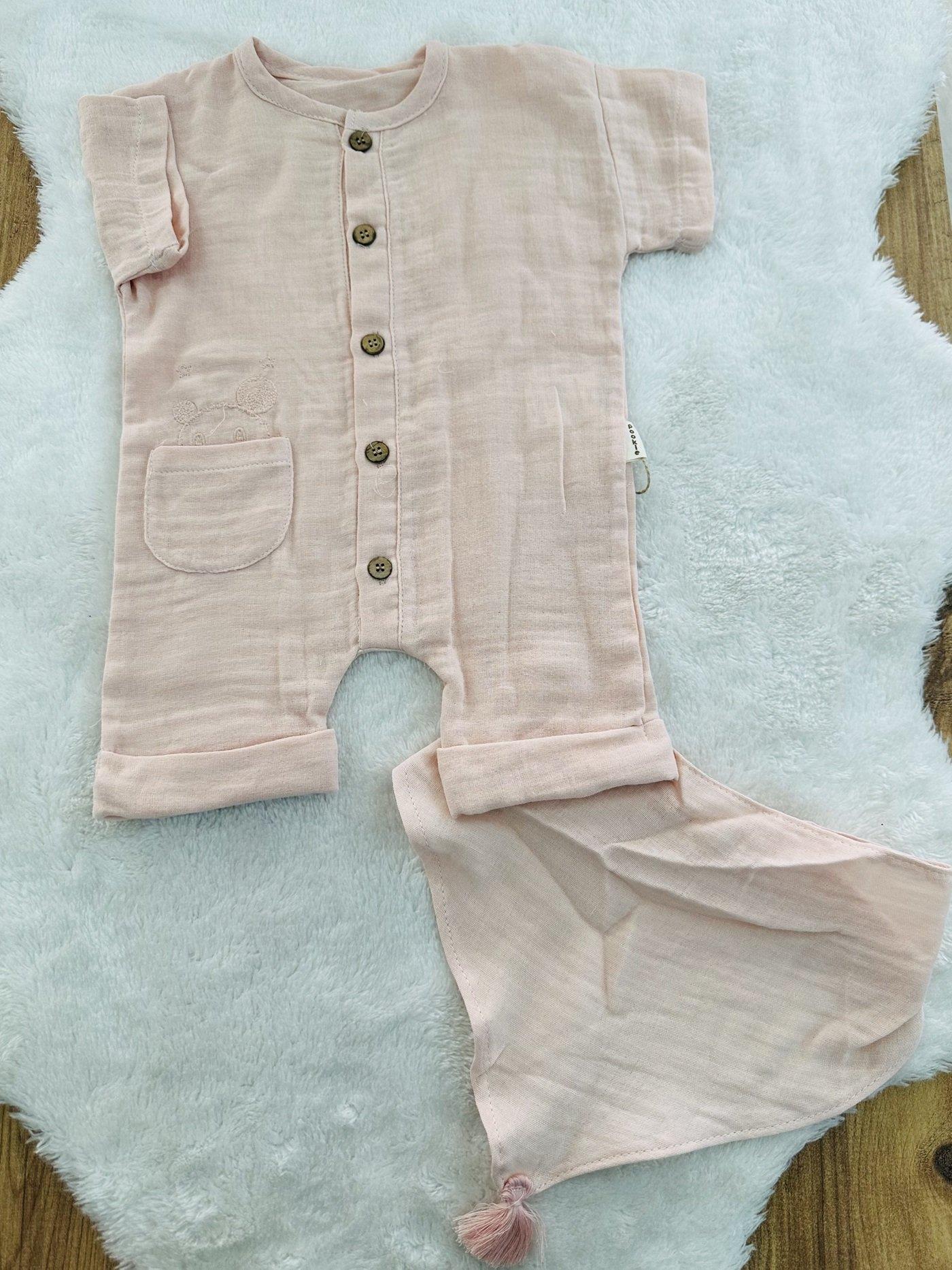 Cepte Ayıcık Nakışlı Kız Bebek Organik Müslin Fularlı Şort Tulum 6-12-18 Ay