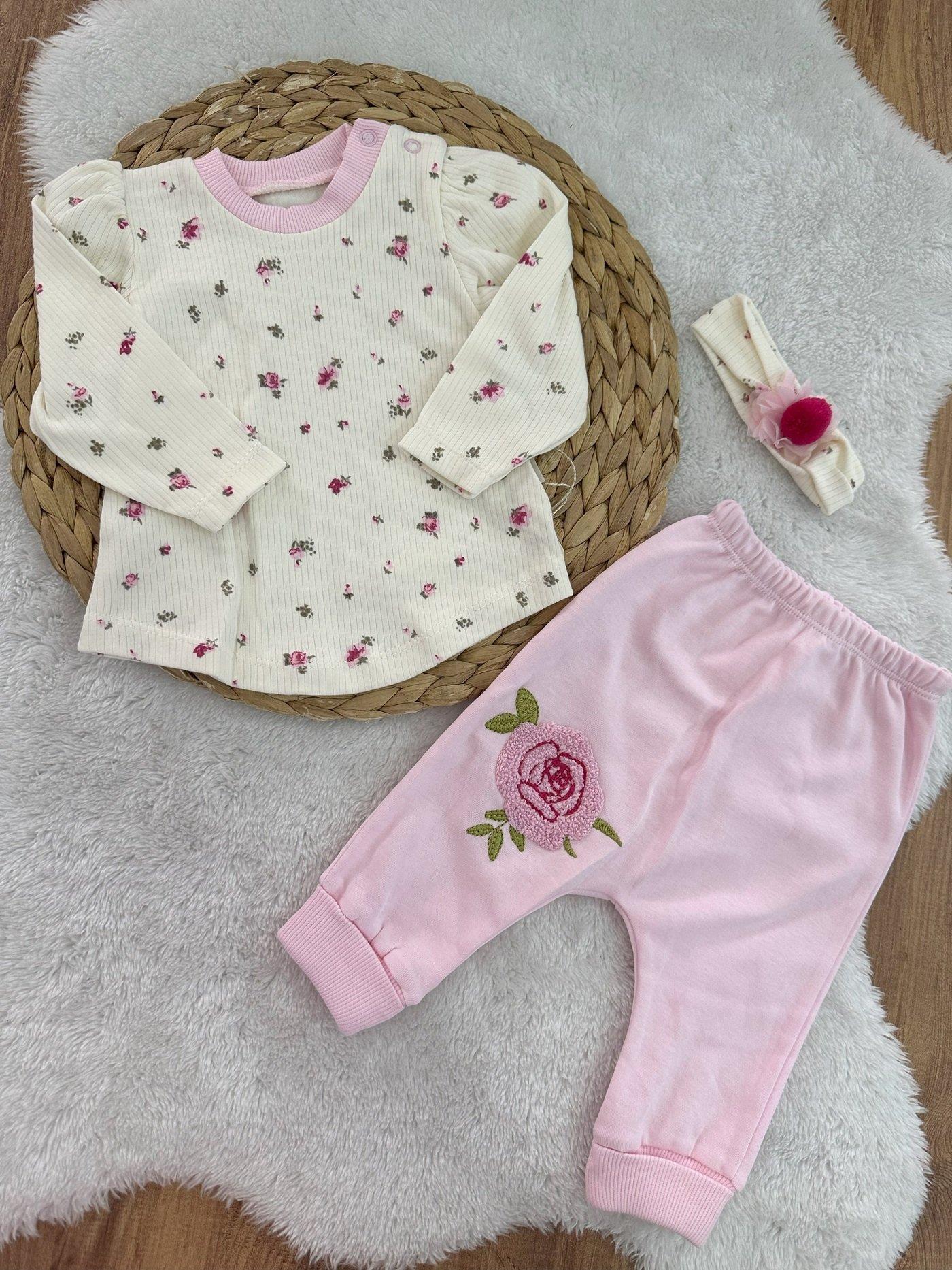 Çiçek Desen Kız Bebek Bandanalı 3lü Takım 0-3/3-6/6-9 Ay