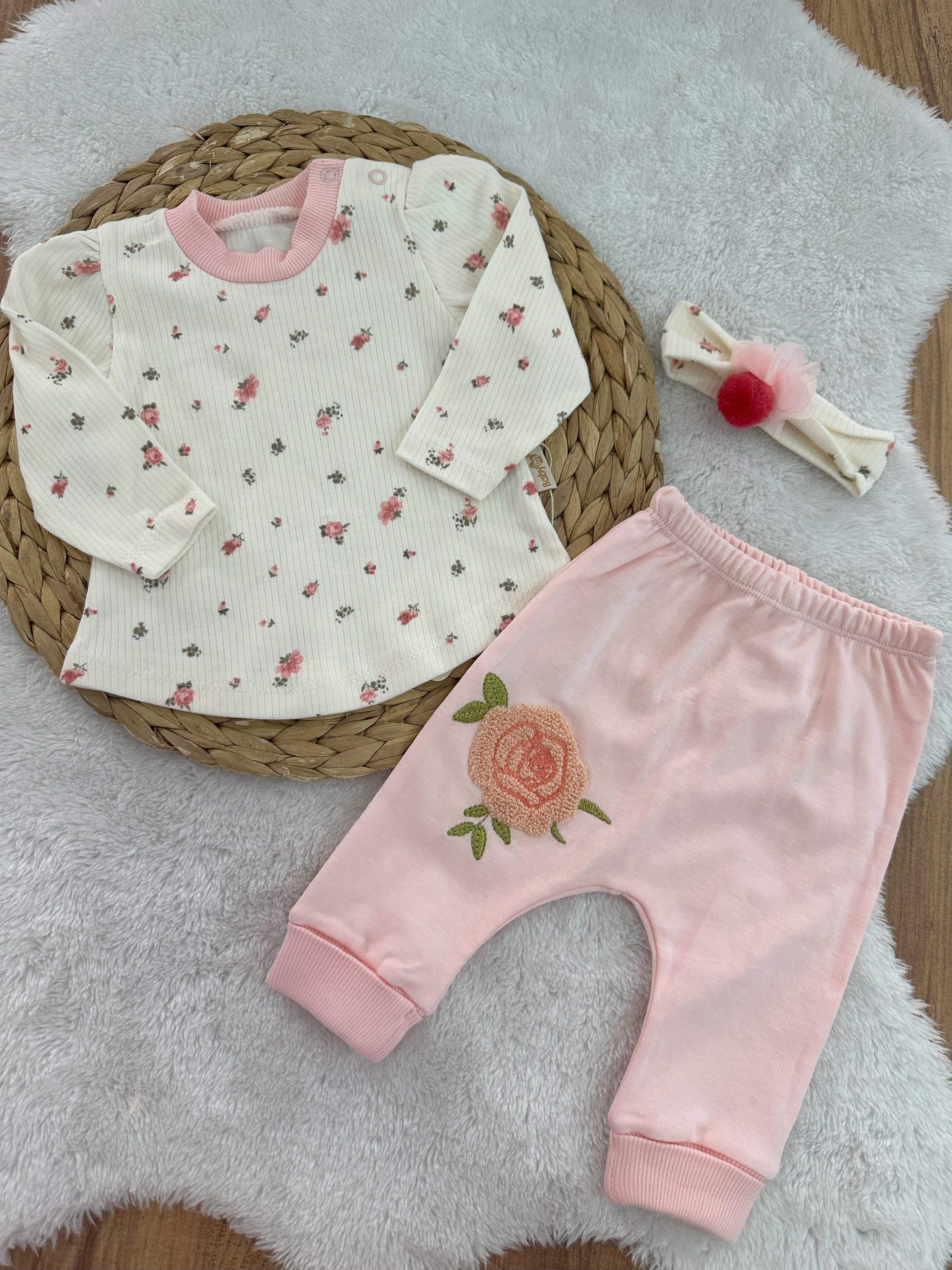 Çiçek Desen Kız Bebek Bandanalı 3lü Takım 0-3/3-6/6-9 Ay